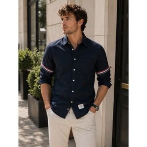 Thom Browne Mens Armband Shirt Size 2 Navy Blue Cotton Twill Italy NEW